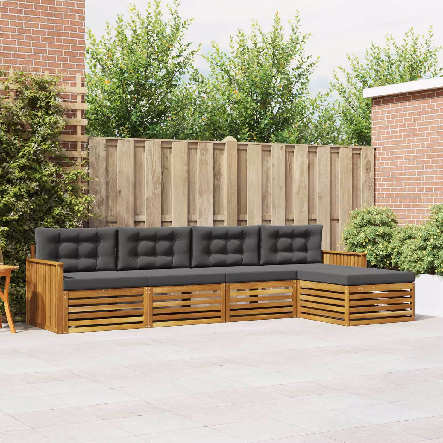 Set di divani da esterno vidaXL a forma di L in legno di acacia con pouf e cuscini, Beige e Antracite