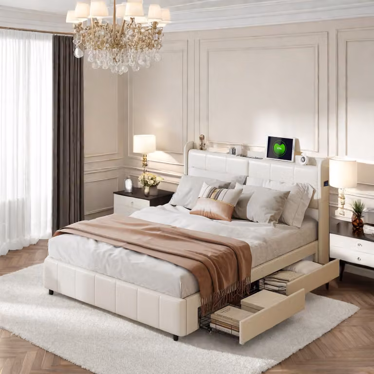 UnboxG Letto imbottito matrimoniale 160x200 con letto USB e 4 cassetti, letto contenitore Letto funzionale Struttura letto con testata e rete a doghe, PU, bianco