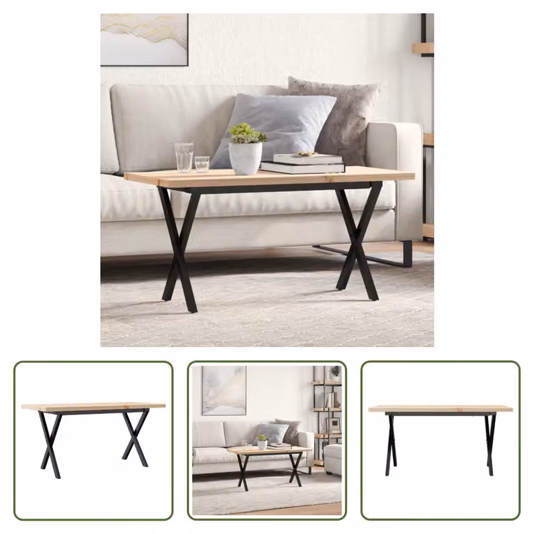 The Living Store tavolino X-frame 90x40x45,5cm in legno massiccio di pino e ghisa