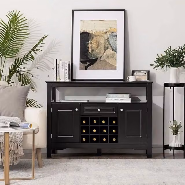 Costway Credenza Moderna per Cucina e Sala da Pranimento con Porta Bottiglie, Mensola Aperta e Cassetto, L/P/H: 117 x 40,5 x 82,5 cm, Nero