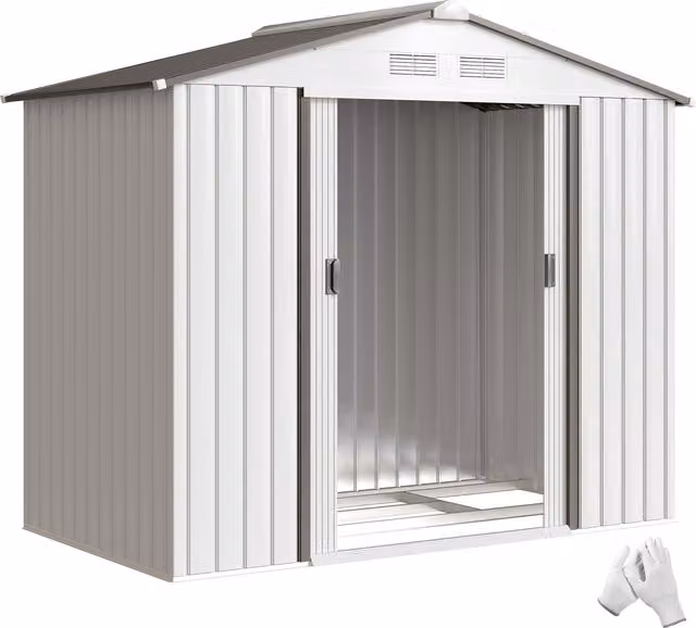 Casetta porta utensili Outsunny in acciaio con porte scorrevoli, capanno da giardino bianco, L: 213 cm, P: 130 cm, H: 185 cm