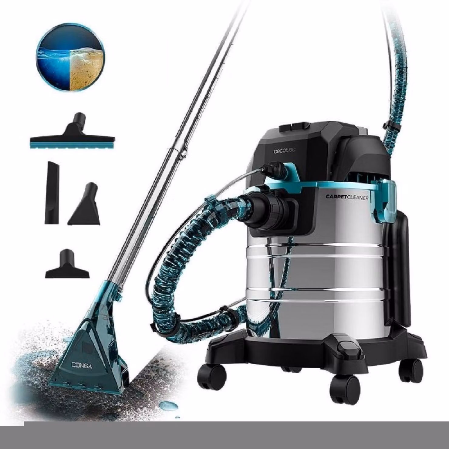 Aspirapolvere per tappezzeria di grandi dimensioni e aspiratore per liquidi e solidi con potenza di 1400 W e 22 kPa.