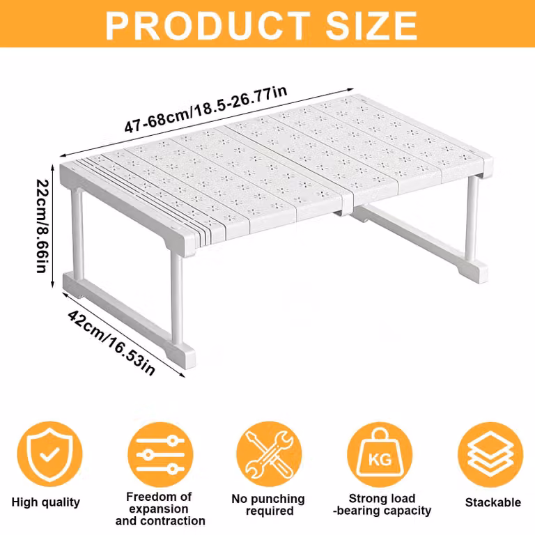 Supporto regolabile per la conservazione, larghezza 42 cm, lunghezza 47-68 cm, ideale per la cucina