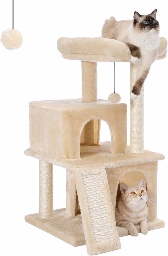 Graffiatoio Arredo per gatti con corda in sisal Lettino in peluche Casetta con grotte Giocattolo per gatti Beige