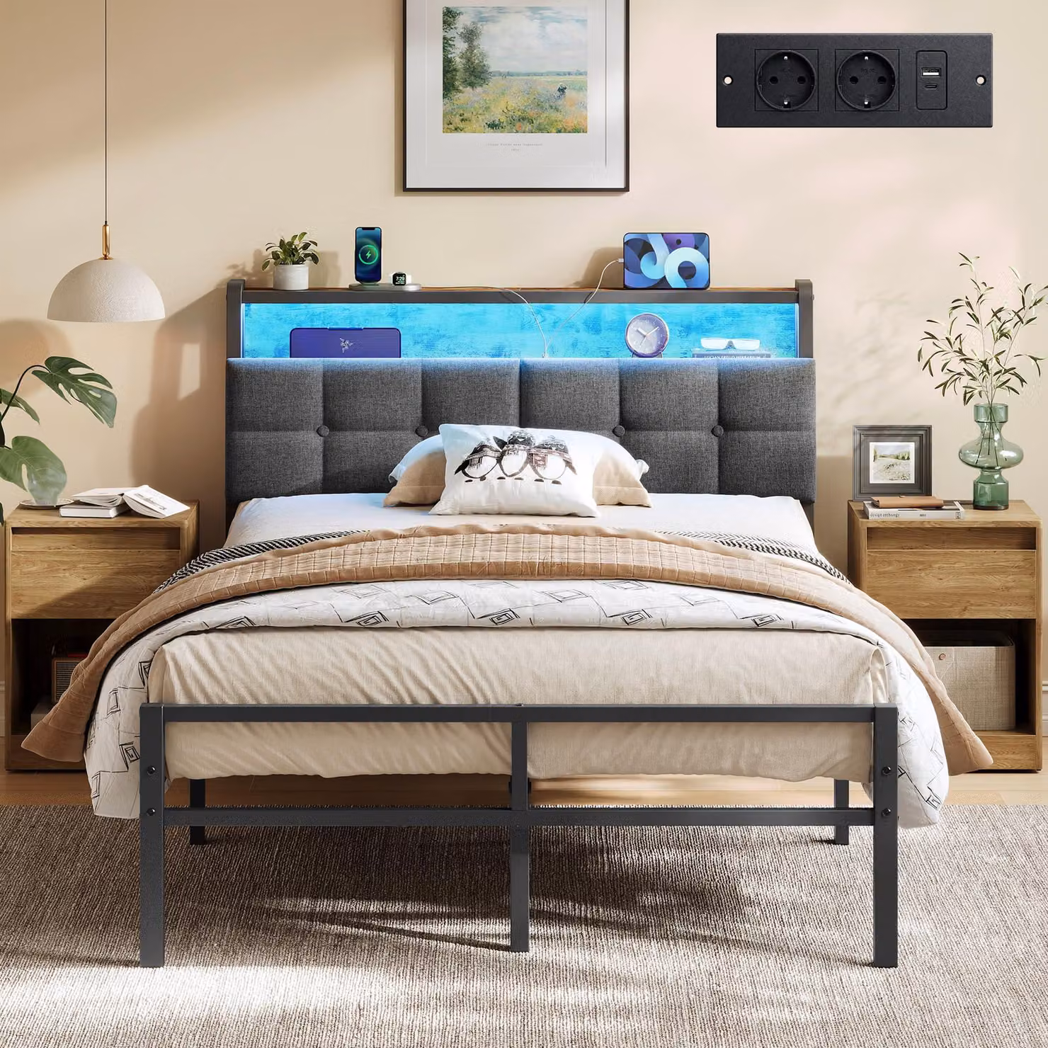 VASAGLE, struttura letto 120 x 200 cm, letto con illuminazione a LED, ciabatta multipresa, ecc