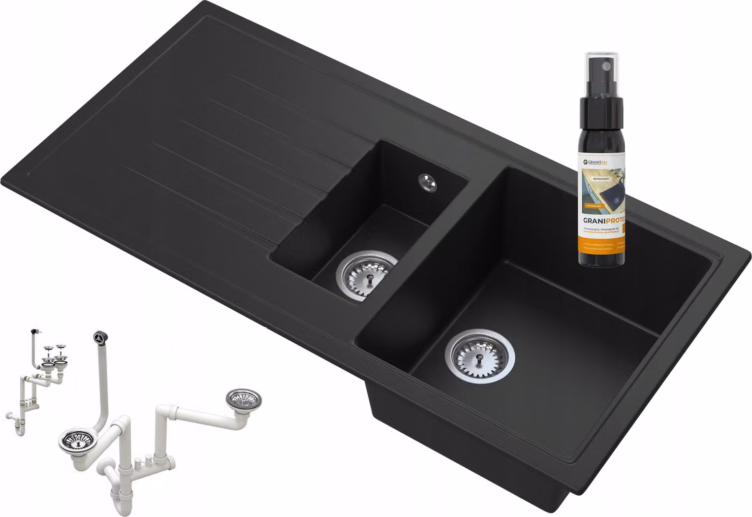 Granitan - Lavello in granito - Lavandino 99,5x49,8 cm - Lavello cucina nero - con sifone - Solaria