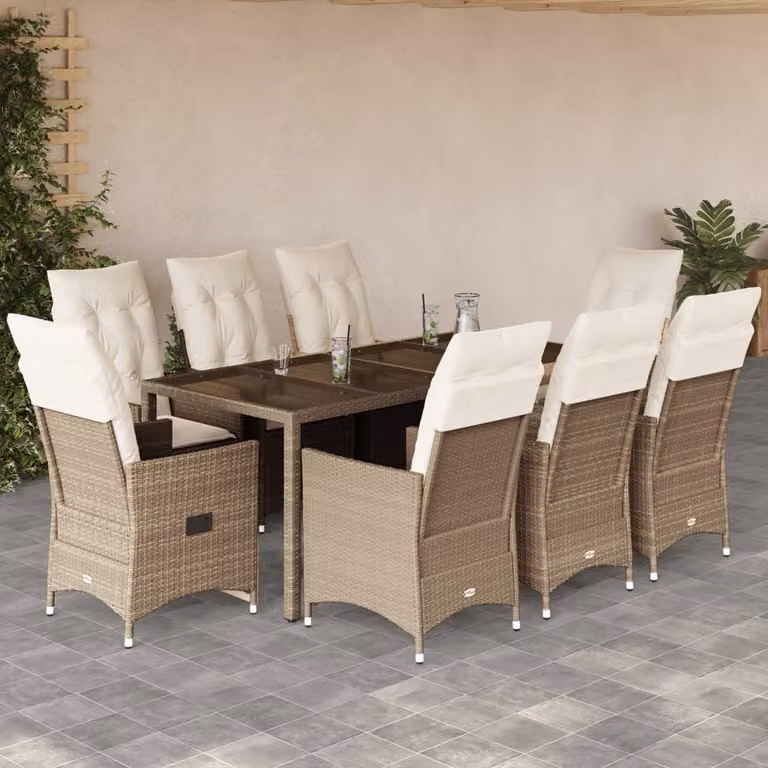 vidaXL Set da Pranzo da Giardino 9 pz in Polyrattan con Cuscini Beige e Vetro
