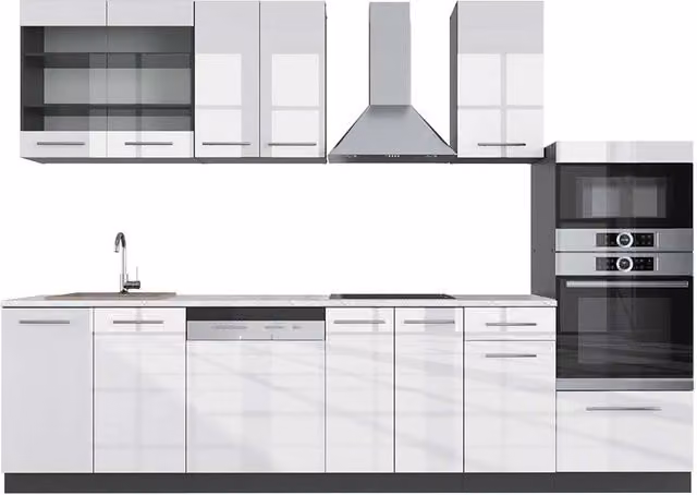 Cucina componibile moderna Vicco Fame-Line Bianco lucido e Antracite con armadio alto e piano in marmo, L: 300 cm