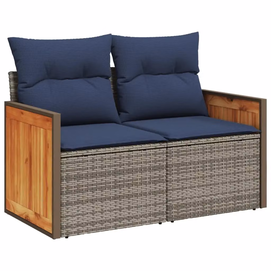 Divano da giardino a 2 posti vidaXL in polyrattan grigio con cuscini blu e coperture rimovibili L: 118 cm, P: 69 cm, H: 62 cm – 2
