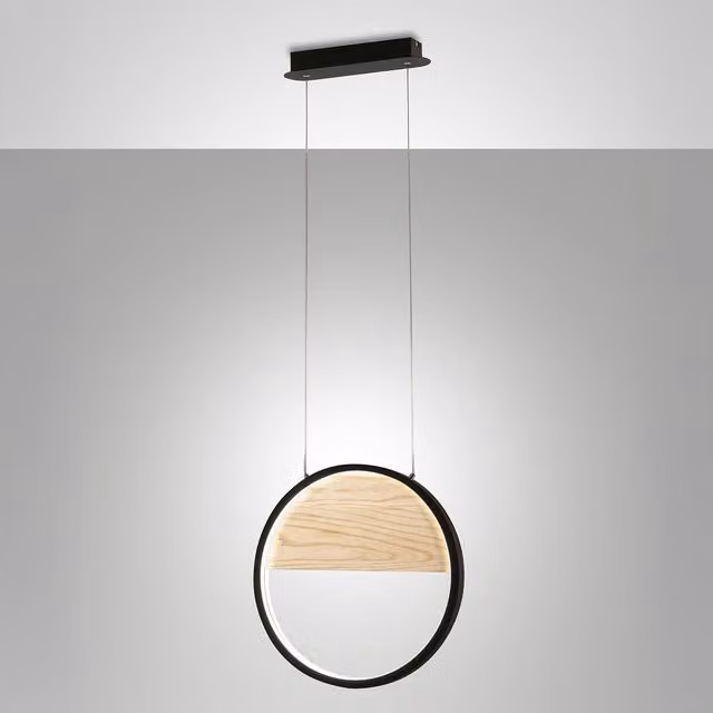Lampada a sospensione Fabas Luce Pierre in metallo e legno, dimmabile e con altezza regolabile, luce LED bianco caldo