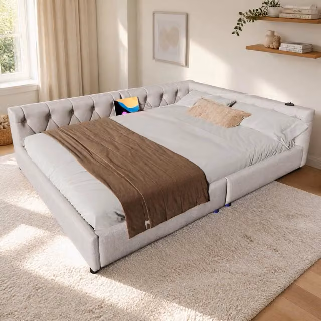 Letto daybed moderno in tessuto beige con illuminazione LED e porta USB, L/P/H: 200 x 140 x 153 cm