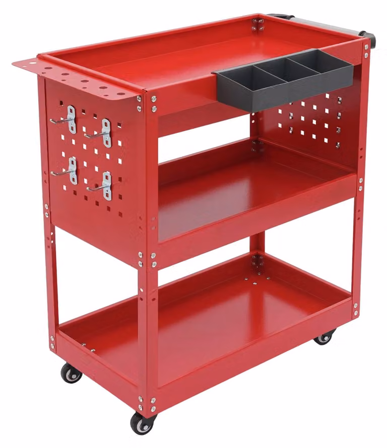 Carrello attrezzi – Carrello da officina mobile con 3 ripiani – Capacità di carico: 250 kg – 4 ruote piroettanti – Colore: rosso