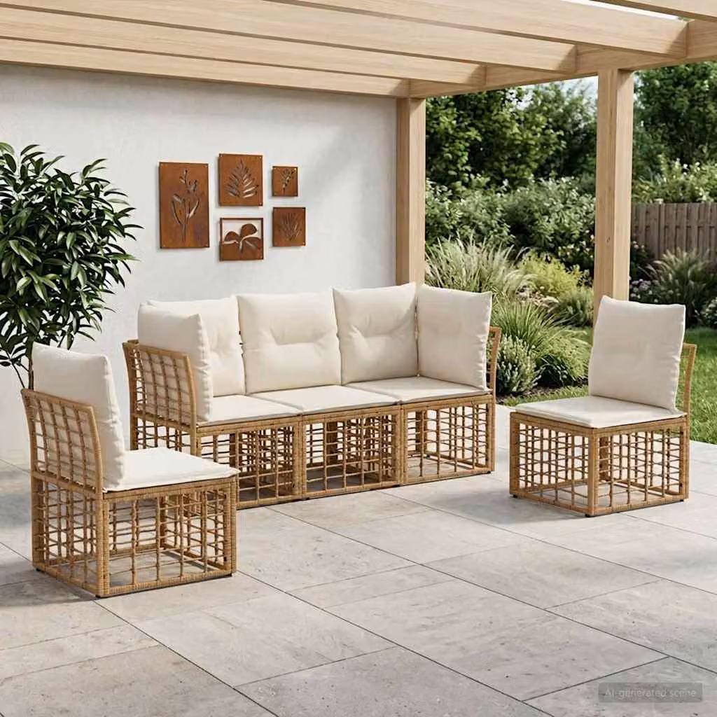 Set di divani da esterno a L vidaXL beige con cuscini in poliestere e struttura in metallo verniciato a polvere