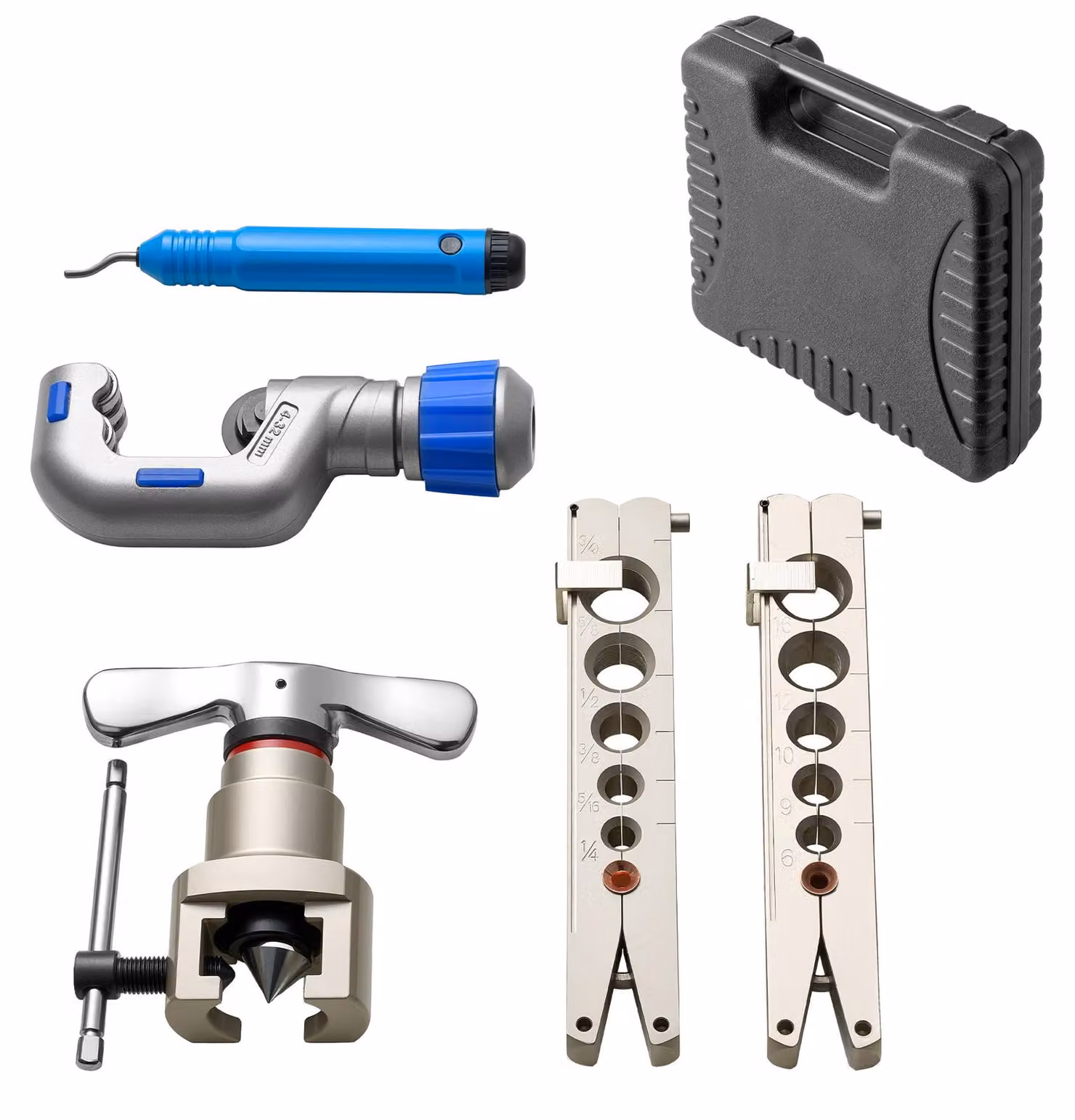 Set di utensili per bordatura SucceBuy da 5 pezzi, bordatrice eccentrica a 45° per bordatura singola, utensile HVAC con taglierina per tubi e valigetta di conservazione per tubi in rame e alluminio da 6-19 mm, kit di riparazione per impianti di climatizza