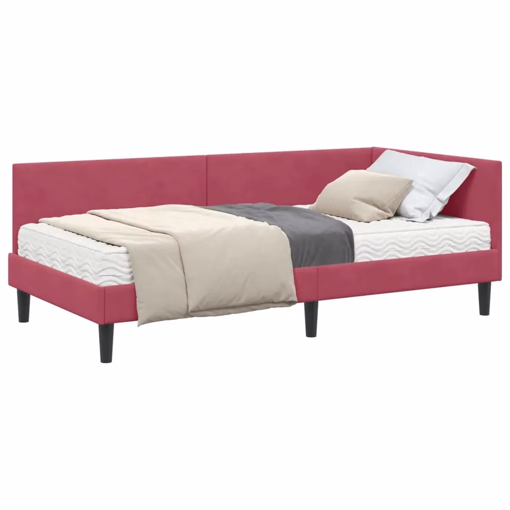 Letto Angolare Moderno con 2 Materassi in Schiuma vidaXL, Rivestimento in Velluto Rosso, L/P/H: 200 x 100 x 72 cm – 2