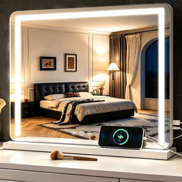Specchio da trucco con illuminazione a LED, dimensioni 50x40 cm, con intensità regolabile, 3 tonalità di luce e ingrandimento 10x
