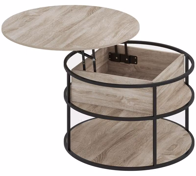 Tavolino Moonbite, forma rotonda, diametro 80 cm. Altezza regolabile da 47 a 61,5 cm. Tavolino con spazio contenitivo nascosto e ripiani laterali, struttura in acciaio, piano in MDF, finitura noce