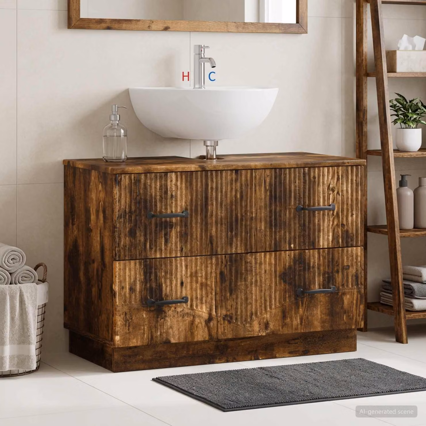 Armadio per lavabo da bagno vidaXL HOORN moderno in Rovere Fumo, L 82 cm x P 41 cm x H 56 cm