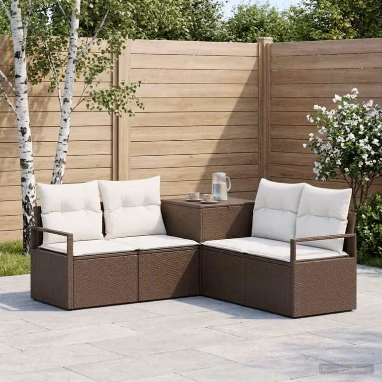Set di divani da giardino a L vidaXL in polyrattan marrone e bianco crema con cuscini e pouf