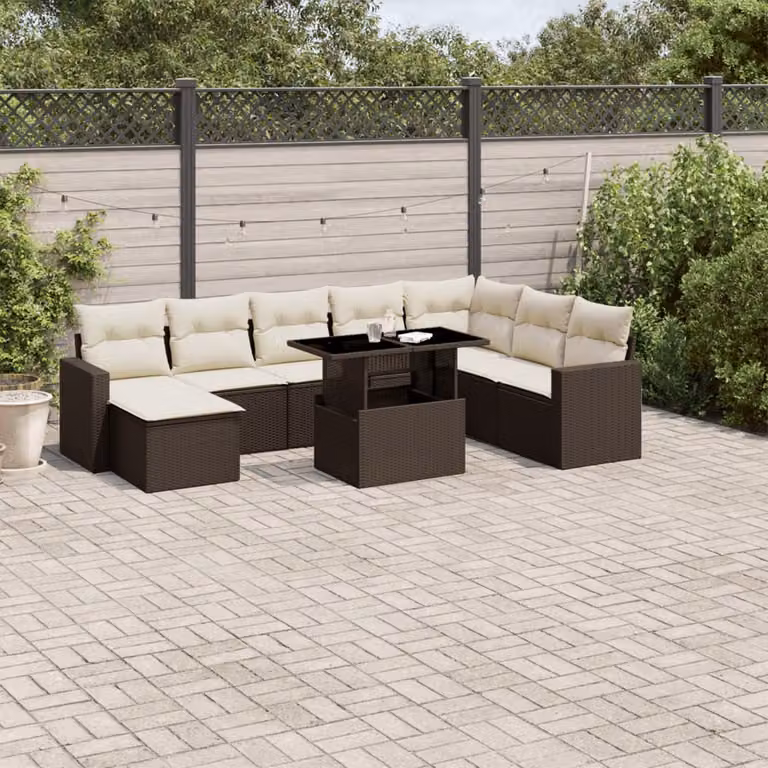 Set di divani da giardino vidaXL in polyrattan marrone con cuscini bianchi e tavolino, design moderno a forma di L per esterno