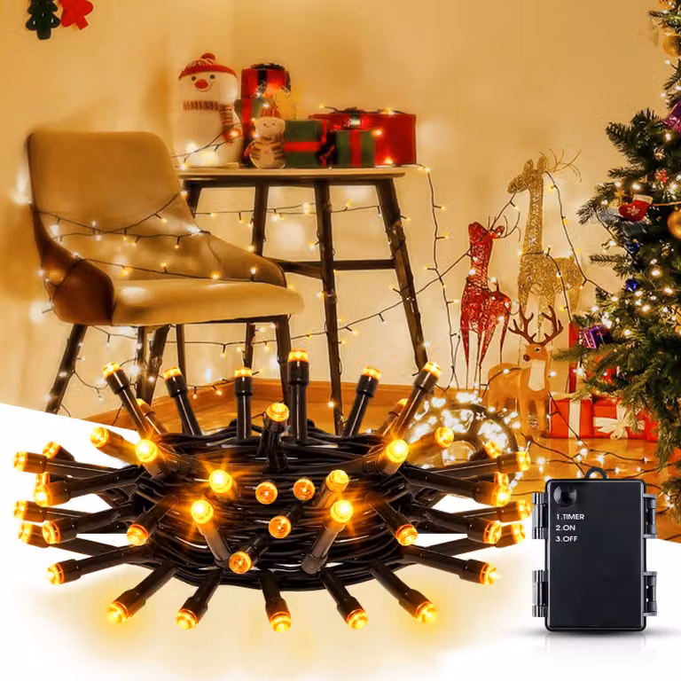 Catena luminosa da 2 metri, con 20 LED a luce calda, alimentata a batteria, con timer, grado di protezione IP65