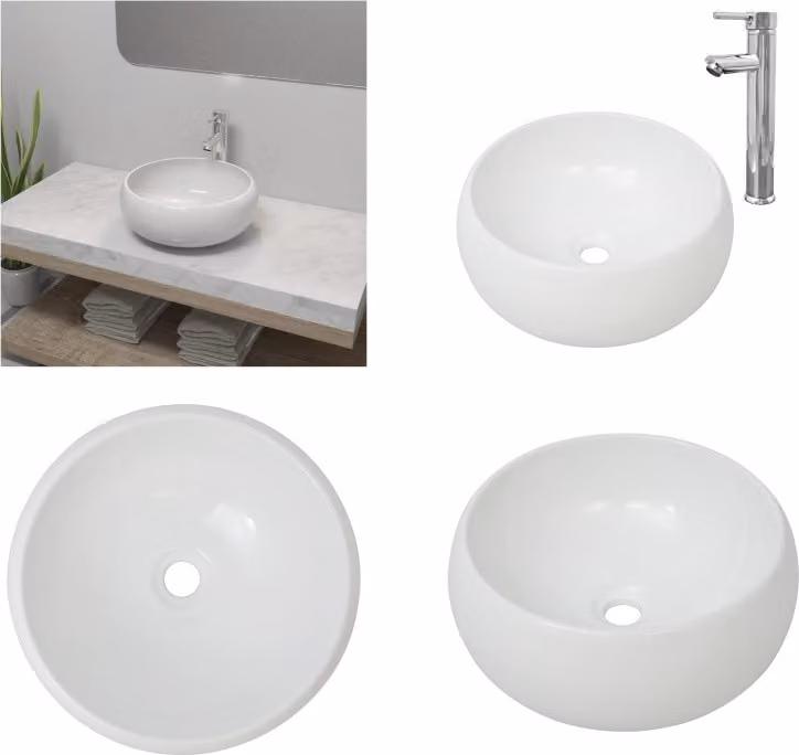 vidaXL Lavandino da bagno con miscelatore in Vetroceramica rotondo bianco - Lavandino - Lavandino da bagno - Lavandino da bagno