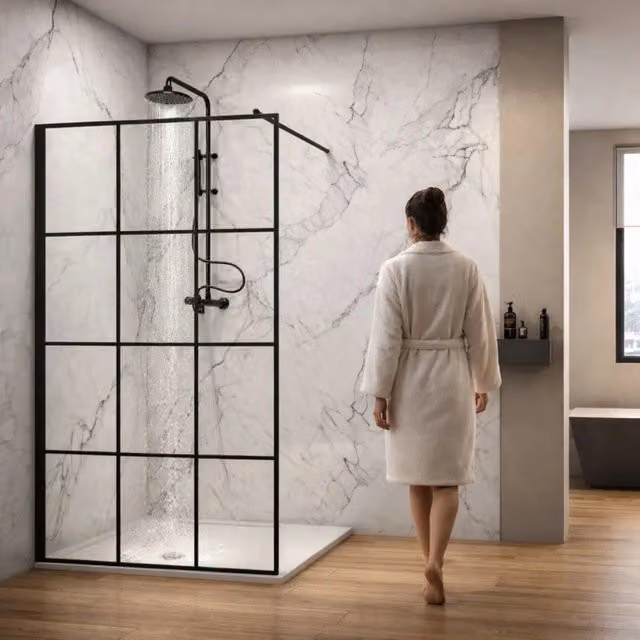 Parete doccia walk-in OGOMONDO in cristallo temperato trasparente con profilo nero, H: 200 cm, L: 127-129 cm, spessore 8 mm – 1