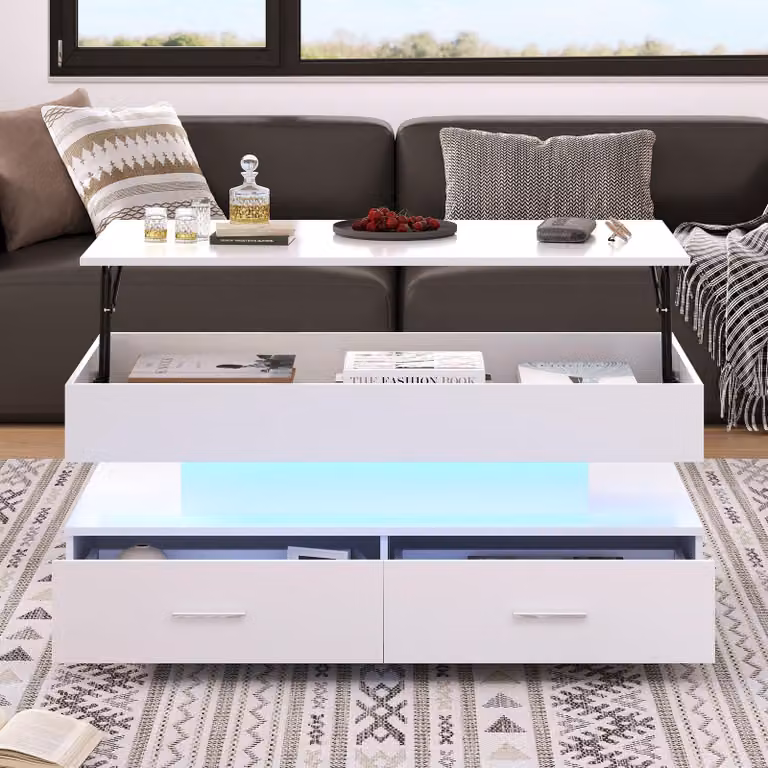 Tavolino da divano, dimensioni 100 x 50 x 44 cm, realizzato in pannello di particelle di legno al 100%, colore bianco, con altezza regolabile, illuminazione a LED, 2 cassetti e spazio aperto per riporre oggetti