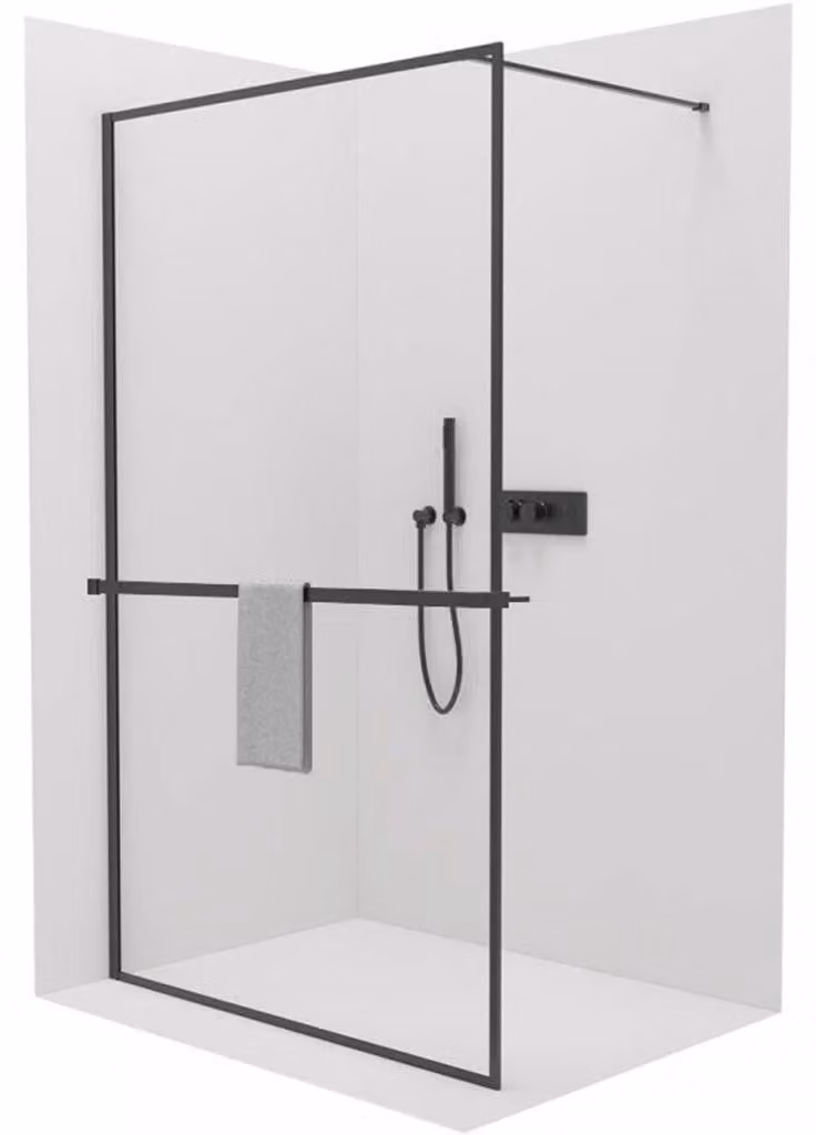 CERANO - Box doccia Walk-in Moreli L/P + mensola/portasciugamani - nero opaco, vetro trasparente - 110x200 cm