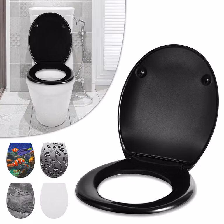 Copertura per WC, sedile per WC, coperchio per vaso igienico con sistema di chiusura ammortizzata SoftClose, realizzato in resina termoindurente, facile da installare, alta stabilità, sedile universale ovale, colore nero opaco, tinta unita