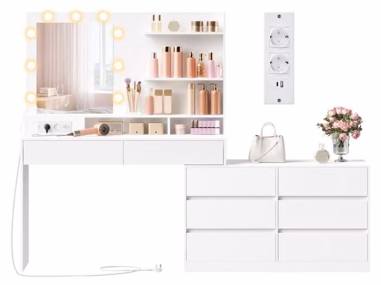 Comò da trucco con specchio e illuminazione a LED | Bianco "Wolke" | 169,2 x 40 x 145,5 cm