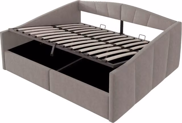 Letto contenitore matrimoniale in velluto grigio con rete sollevabile, L/P/H: 140 x 200 x 47 cm