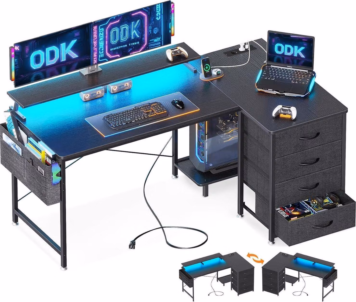 Scrivania ad angolo ODK 140x80cm Scrivania da gioco a LED nera