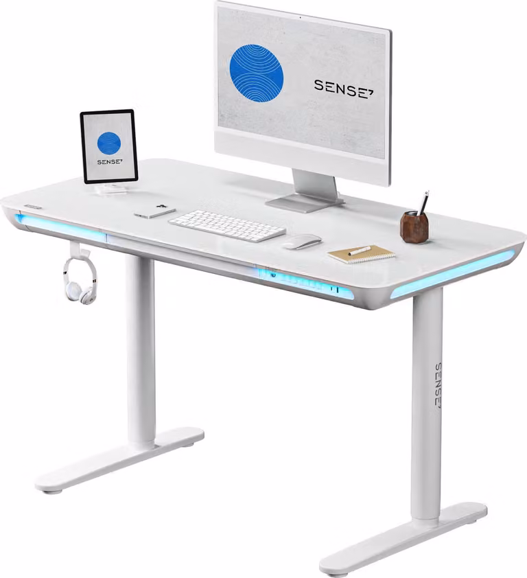 SENSE7 NOMO Scrivania regolabile in altezza, elettrica, 120x60 cm, bianco, vetro, scrivania per computer, scrivania da gaming, scrivania in piedi, Memory, LED, cassetto, USB, ergonomica