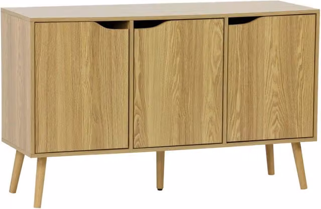 Credenza effetto noce con 3 ante e 3 ripiani, 120cm, effetto frassino