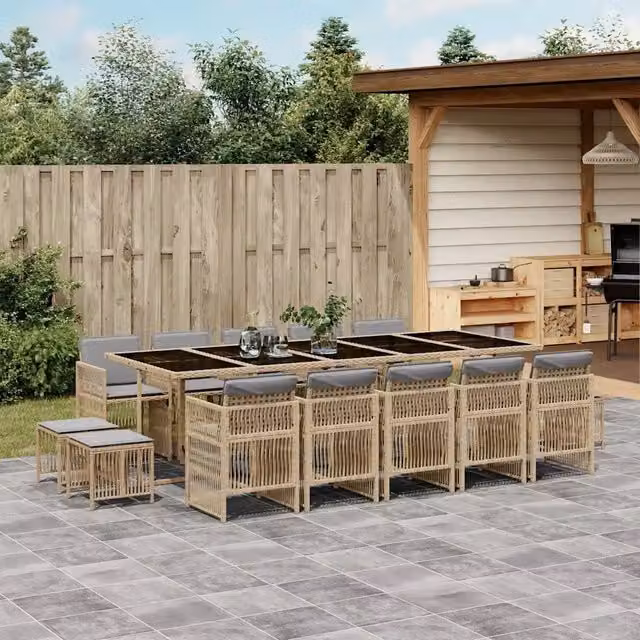 Set Pranzo da Giardino vidaXL in Polyrattan con Cuscini Beige e Tavolo in Vetro, 15 Pezzi – 1
