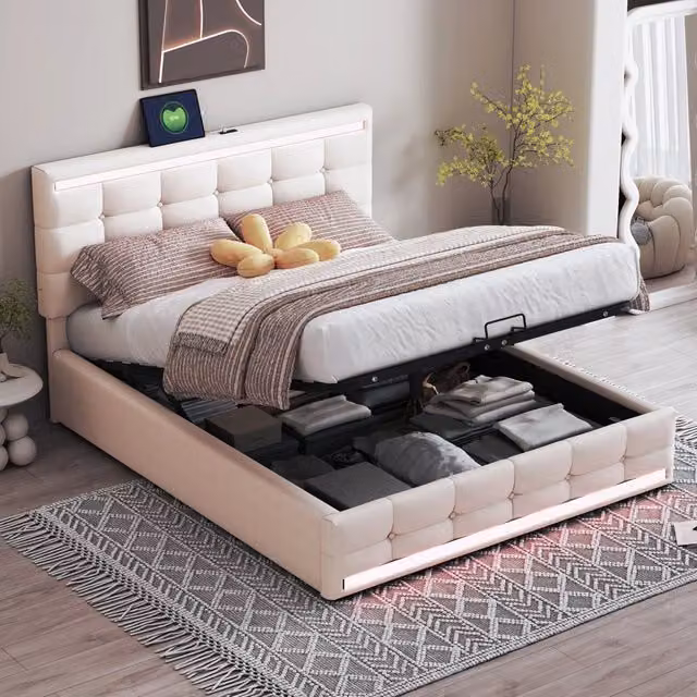 Letto imbottito contenitore con LED ¨C Minimal ¨C Beige tessuto 140x200cm, testiera regolabile con USB