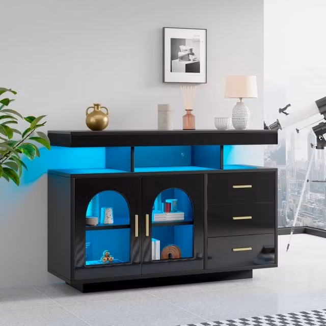 Buffet moderno in nero lucido con LED a colori, 120x40x80 cm, armadietto con 3 cassetti e 2 ante in acrilico