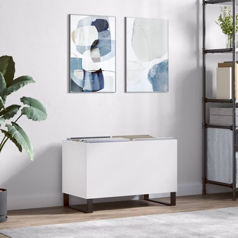 vidaXL Mobile Porta Dischi Bianco in Legno e Metallo, H 74,5 x L 38 x P 48 cm