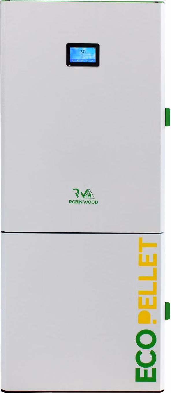 Caldaia a pellet Robin Wood EcoPellet, 35 kW, classe energetica A++, serbatoio di accumulo da 105 kg, display touch screen