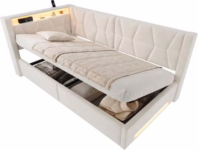Letto contenitore 90x200 cm in velluto beige con LED, USB Type-C e rete inclusa