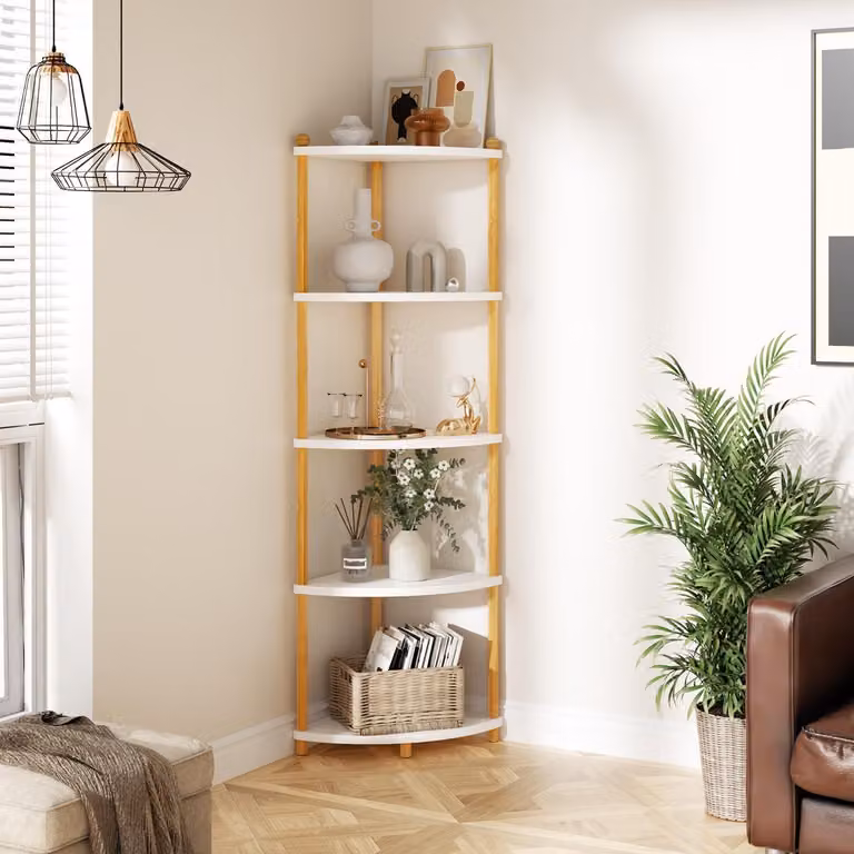 Scaffale angolare in piedi a 5 livelli in legno, bianco, 143,5 x 29 x 29 cm
