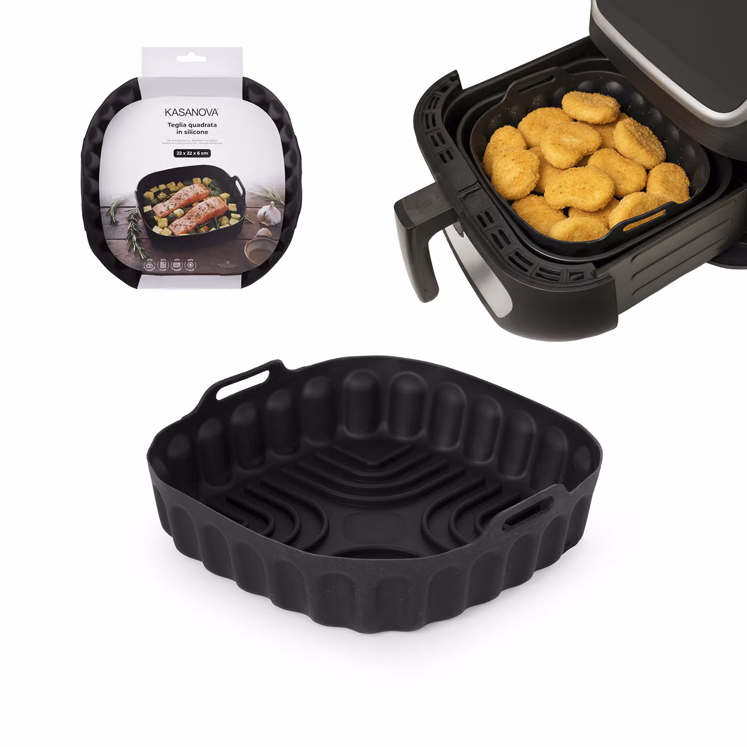 Teglia quadrata in silicone nero KASANOVA per friggitrice ad aria, non stick e adatta al congelatore, 22 x 22 cm – 2