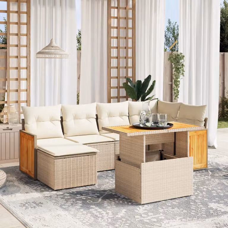 Set di divani da giardino vidaXL in polyrattan beige con cuscini e tavolino da esterno 7 pz