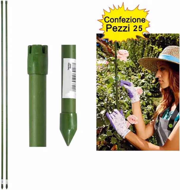 Tutori per ortaggi e piante VERDEMAX in acciaio plastificato tipo bamboo, colore verde, confezione da 25 pezzi, H: 210 cm, L: 1,9 cm