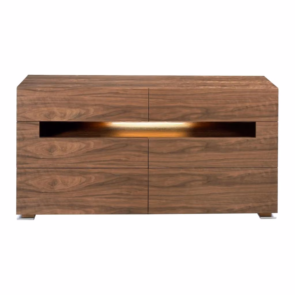 Credenza moderna Angel Cerdá in noce e metallo lucido con illuminazione integrata e cassetti soft-close – 2