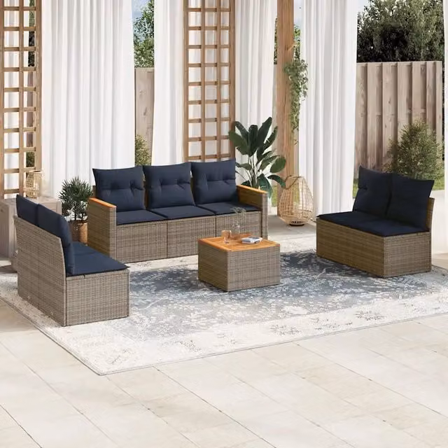 Set da giardino vidaXL a forma di U composto da 8 pezzi con divani da esterno, tavolino da caffè e cuscini grigi e blu in rattan e metallo