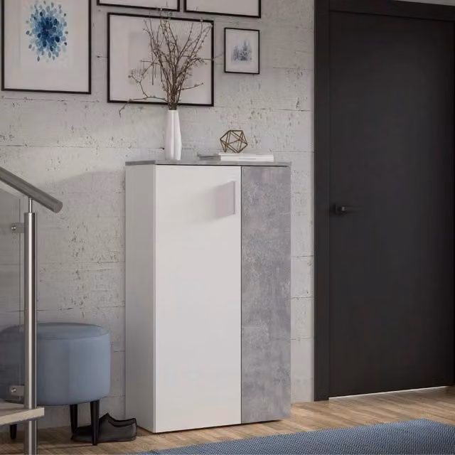 Mobile multiuso scarpiera Veriaffari con 2 ante e ripiani interni, colore bianco e grigio, L: 68.9 cm, P: 34.1 cm, H: 120.4 cm