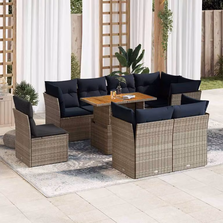 Set Divano da Giardino vidaXL 9 pz in Polyrattan con Cuscini e Tavolino da Caffè, Colore Grigio e Blu, Design Moderno a Forma di U