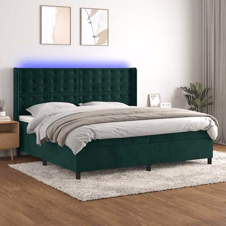 Letto Ibrido vidaXL in Velluto Verde con Materasso a Molle Individuali, Illuminazione LED e Porte USB, L/P/H: 200 x 200 x 128 cm